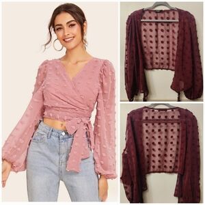 SHEIN Curve Burgandy Textured Wrap Blouse